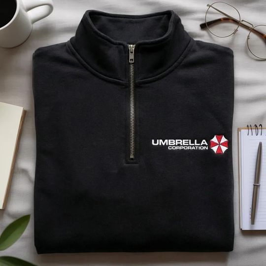Umbrella Corporation Embroidered Quarter Zip Sweatshirt, Residence Evil Zombie Video Game Shirt, Leon Kennedy, RE9 Requiem Unisex Gift