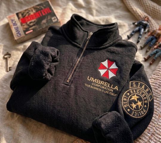 Embroidered Resident Evil STARS Raccoon Quarter Zip, Umbrella Corporation Sweatshirt, Leon Kennedy Shirt, Gamer Gift