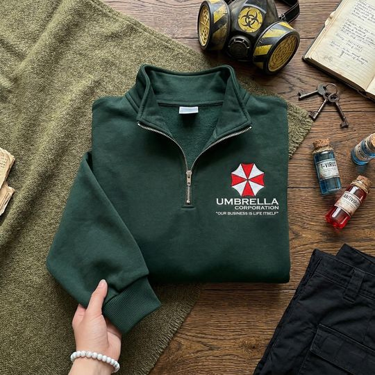 Umbrella Corporation Embroidered Quarter Zip Sweatshirt, Resident Evil Fans, Biohazard Cosplay Pullover, Gaming Apparel, Vintage Gamer Gift