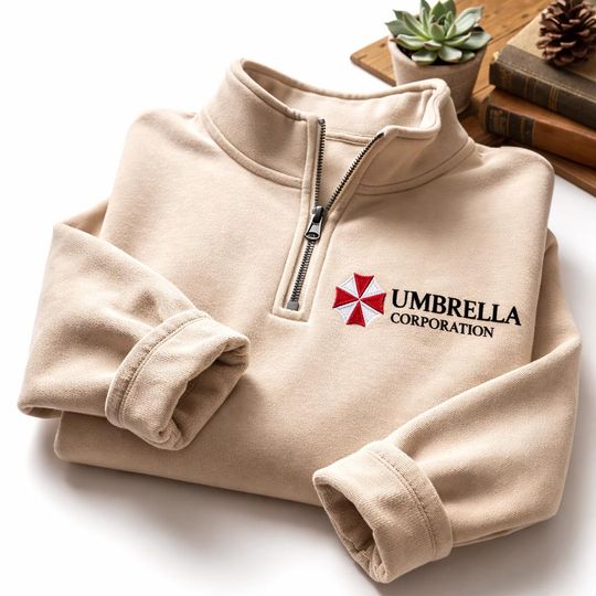 Umbrella Corporation Embroidered Zip Quarter Sweatshirt, Vintage Residence Evil Zombie Video Game Shirt, Leon Kennedy Tee, Horror Game Gifts
