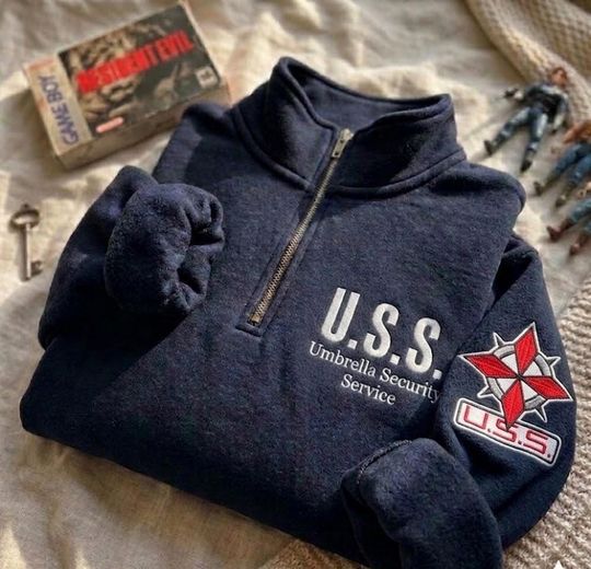 Resident Evil Embroidered Quarter Zip, U.S.S Sweatshirt, Umbrella Corporation Shirt, Raccoon City Police Department Shirt, Gamer Gift