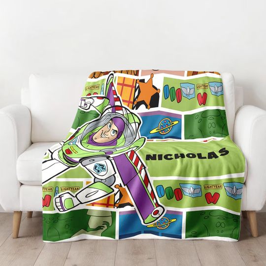 Discover Personalized Green Spaceman Police Blanket, Custom Name Animated Character Plush Fleece Blanket, Magic Kingdom, Sofa Blanket, Gift For Kid