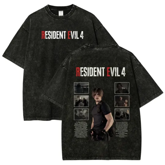 Resident Evil 4 RE4 Shirt Leon Kennedy Black Vintage Wash Oversized Tee Unisex