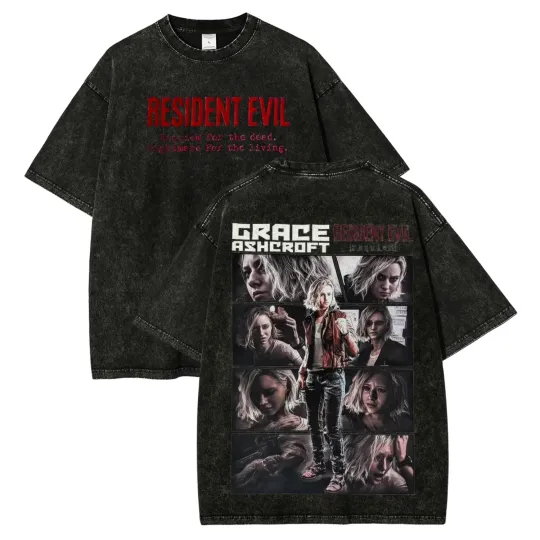 Resident Evil Leon S Kennedy Graphic Tee Washed Black Horror Game T-Shirt Unisex