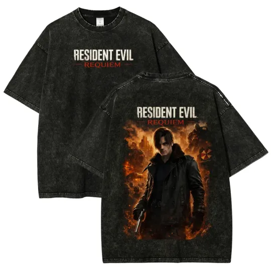 Discover Leon Kennedy Resident Evil Shirt Black Vintage Wash Oversized Gaming Graphic Tee