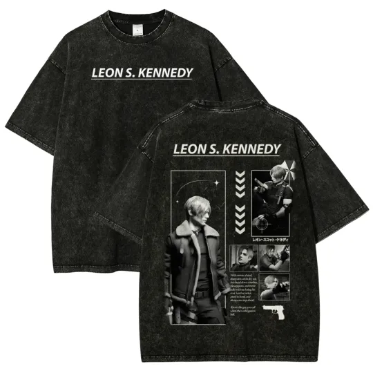 Resident Evil Leon Kennedy Black Acid Wash Oversized Graphic T-Shirt