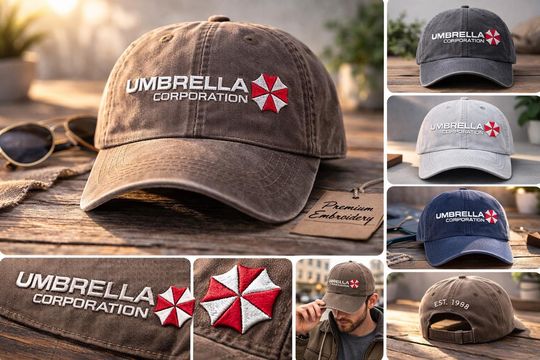 Umbrella Corporation Embroidered Cap, Vintage Residence Evil Zombie Video Game Washed Cap, Leon Kennedy Hat, Horror Game Merch, Gamer Gift