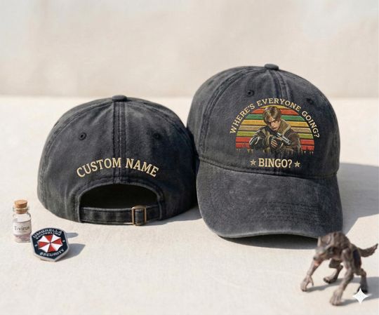 Embroidered Washed Vintage Where Everyone Going Bingo Hat, Resident Evil 9 Requiem Hat, Leon Kennedy Survival Horror Vintage Baseball Cap