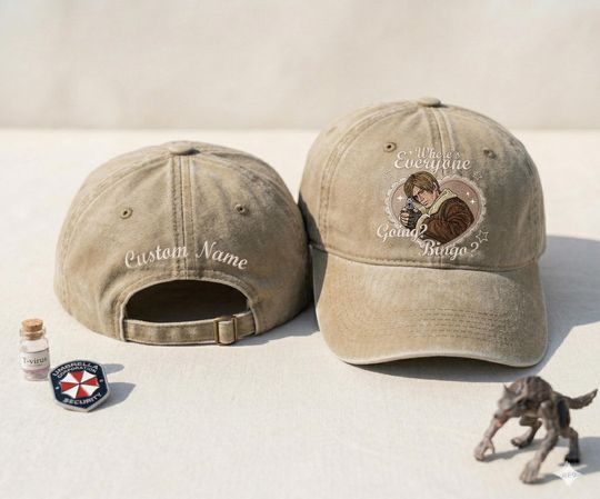 Where Everyone Going Bingo Embroidered Washed Cap, Resident Evil 9 Requiem Hat, Leon Kennedy Game Survival Horror Vintage Baseball Cap