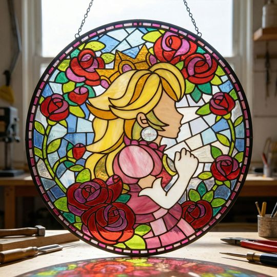 Princess Peach Glass Suncatcher, Mario Game Hanging Decor, Garden Window Ornament, Mother's Day Gift