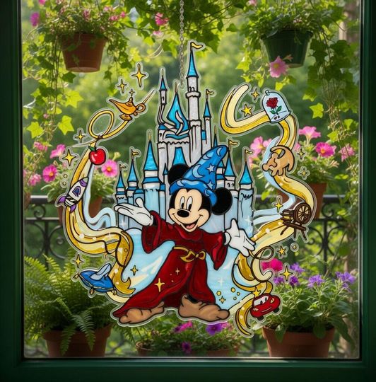 Sorcerer Castle Acrylic Suncatcher Ornament, Fantasy Mouse Window Hanging, Magical Theme Park Decor