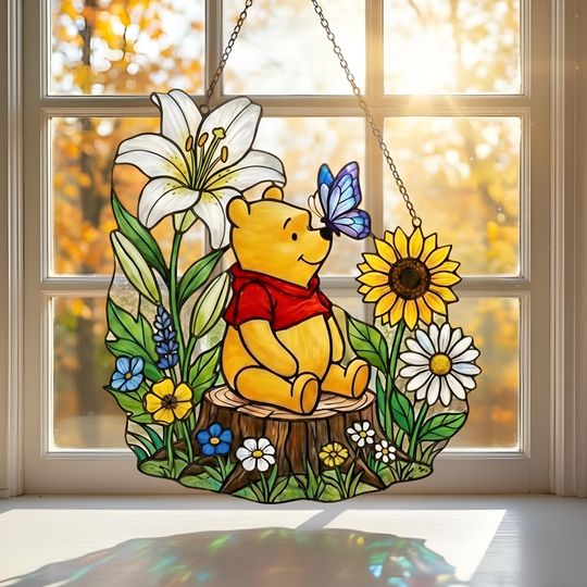 Winnie the Pooh Disney Acrylic Suncatcher - Pooh Bear with Sunflower and Butterfly Window Decor - Floral Gift for Disney Fans