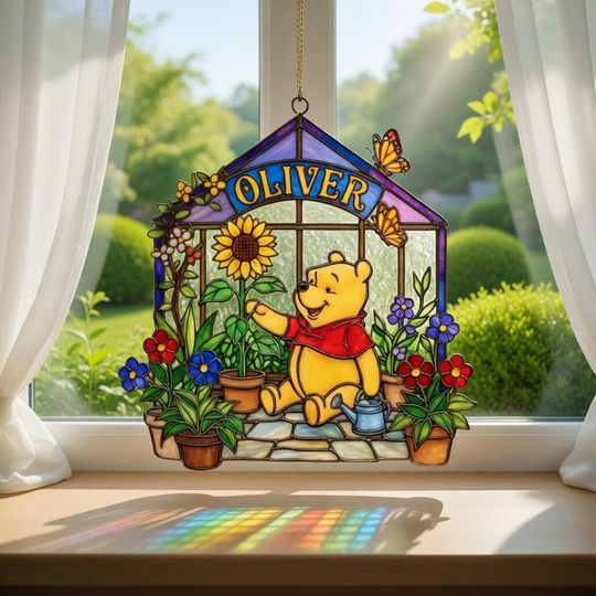 Personalized Pooh Bear Acrylic Suncatcher Ornament with Custom Name for Nursery Decor