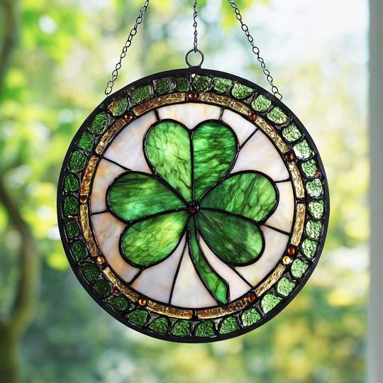 Shamrock Stained Glass Suncatcher, Green Clover Window Decor, Celtic Style Glass Art, Gift For Family, Friends