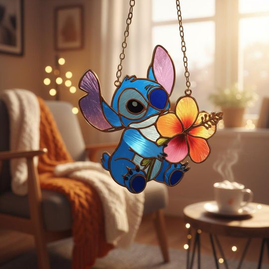 Stitch Resin Suncatcher Disney Faux Stained Glass Window Hanging Lilo and Stitch Cartoon Art Valentine Gift for Her