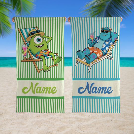 Personalized Monsters Inc Characters Towel, Funny Monsters Inc Beach Towel, Summer Vacation Gift, Magic Kingdom Gift, Mike and Sully Towel