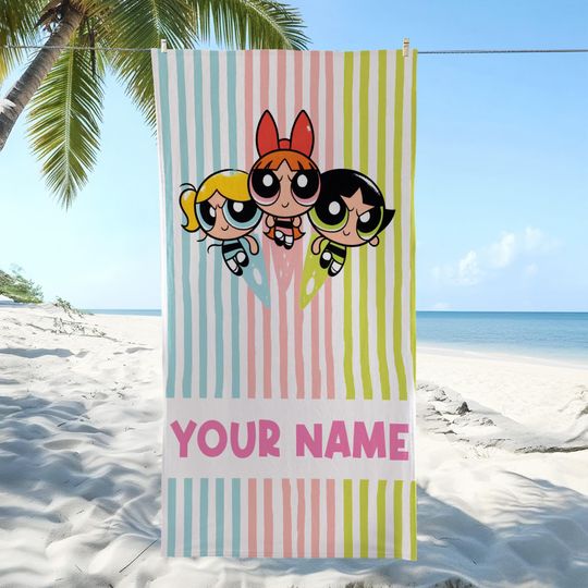 Custom Powerpuff Girls Beach Towel, Powerpuff Girls Towels, Retro Style Bridesmaid Towel, Birthday Gift