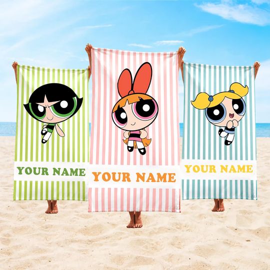 Custom Powerpuff Girls Beach Towel, Powerpuff Girls Towels, Retro Style Bridesmaid Towel, Birthday Gift