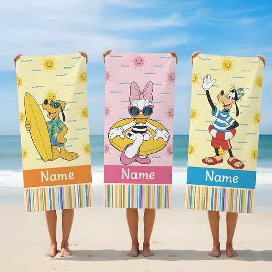 Discover Personalized Mickey Friends Beach Towel, Custom Name Disney Summer Towel, Kids Pool Towel, Family Vacation Gift, Disneyland Trip Towel