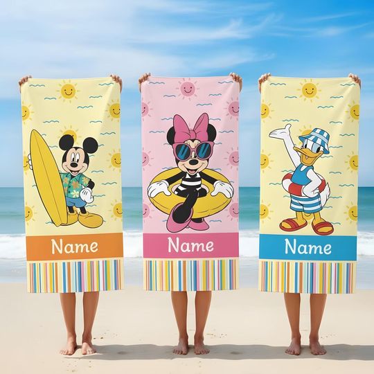 Discover Personalized Mickey Friends Beach Towel, Custom Name Disney Summer Towel, Kids Pool Towel, Family Vacation Gift, Disneyland Trip Towel