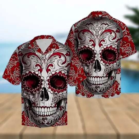 Discover Red Skull Floral Tropical Hawaiian Shirt