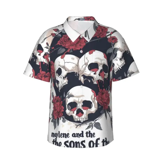 Gothic Skulls Roses Mens Hawaiian Shirt Loose Fit Button Tropical Beach Summer