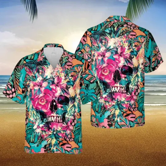 Discover Skull Tropical Flower Hawaiian Shirt Funny Halloween Aloha Summer Vacation