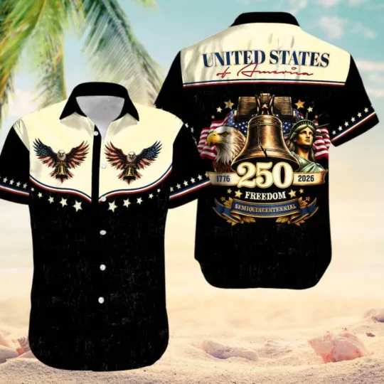 Discover 250 Years of Freedom Hawaiian Shirt Patriotic Eagle Statue Liberty Button Up