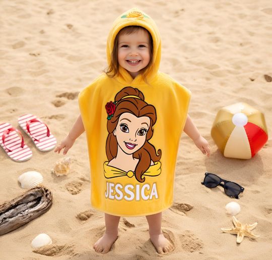 Personalized Belle Beauty and the Beast Hooded Towel, Custom Disney Princess Kids Towel, Custom Name Toddler Beach Cover Up
