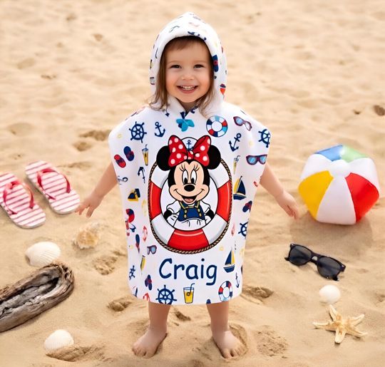 Personalized Minnie Mouse Nautical Hooded Towel, Custom Disney Sailor Kids Towel, Custom Name Toddler Beach Cover Up, Disney Cruise Gift