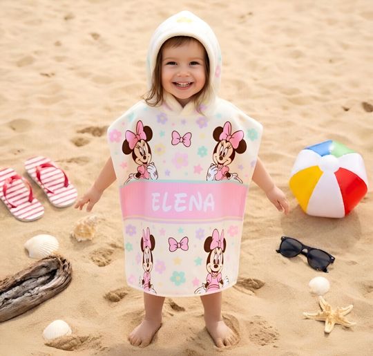 Personalized Minnie Mouse Flower Hooded Towel, Custom Disney Minnie Kids Towel, Custom Name Toddler Beach Cover Up, Disney Girls Summer Gift