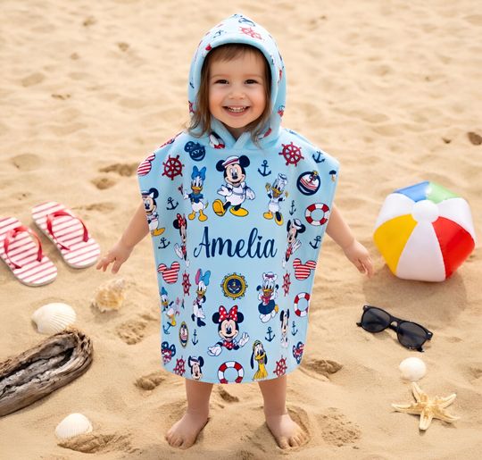 Personalized Mickey and Friends Nautical Hooded Towel, Custom Disney Cruise Kids Towel, Custom Name Toddler Beach Cover Up