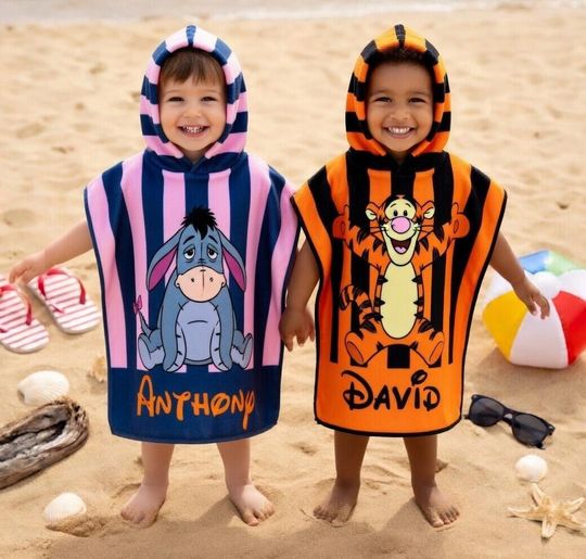 Discover Personalized Tigger Eeyore Hooded Towel, Custom Disney Preppy Kids Beach Towel, Striped Preppy Hooded Towel, Summer Vacation Gift