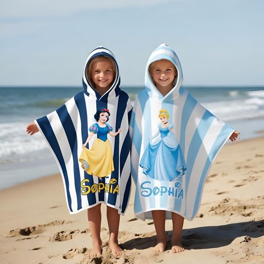 Discover Personalized Snow White Cinde Hooded Towel, Custom Disney Beach Towel, Preppy Aesthetic Hooded Towel, Striped Pattern Summer Gift