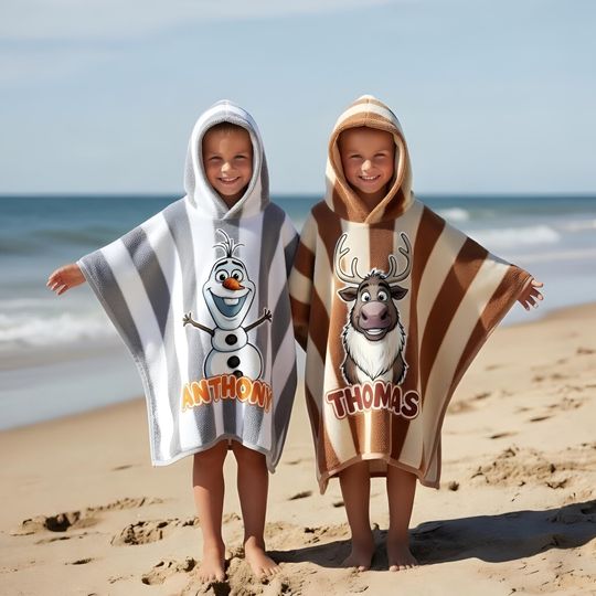 Discover Personalized Olaf Sven Hooded Towel, Custom Disney Frozen Kids Towel, Preppy Aesthetic Hooded Towel, Striped Pattern Summer Vacation Gift