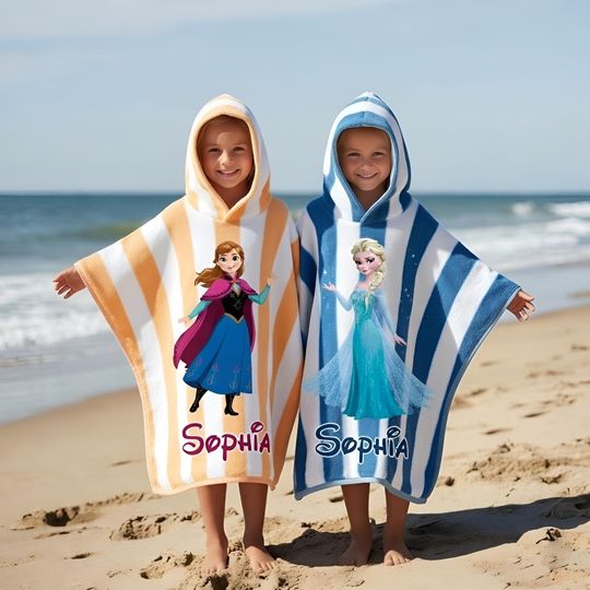 Discover Personalized Elsa Anna Hooded Towel, Custom Disney Frozen Kids Towel, Preppy Aesthetic Hooded Towel, Striped Pattern Summer Vacation Gift