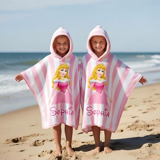 Personalized Aurora Sleeping Beauty Hooded Towel, Custom Disney Towel, Preppy Aesthetic Hooded Towel, Striped Pattern Summer Vacation Gift