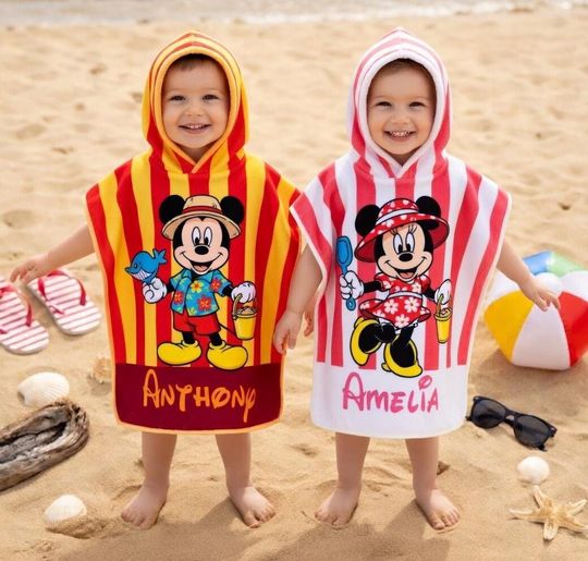 Discover Personalized Mickey Minnie Hooded Towel, Custom Disney Preppy Kids Beach Towel, Striped Hooded Towel, Disneyland Pool Gift