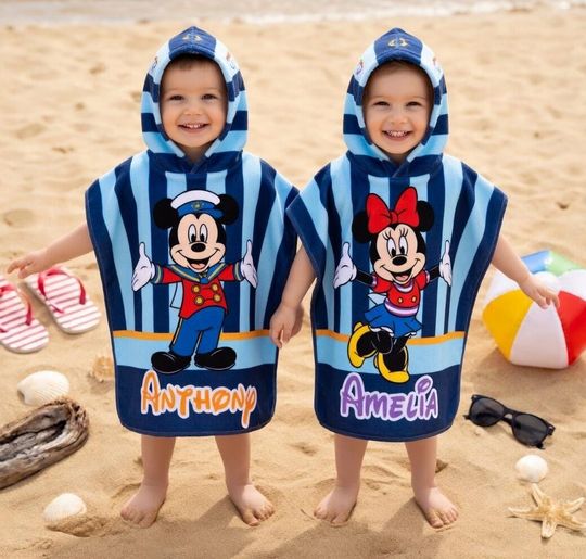 Discover Personalized Mickey Minnie Hooded Towel, Custom Disney Preppy Kids Beach Towel, Striped Hooded Towel, Summer Vacation Gift