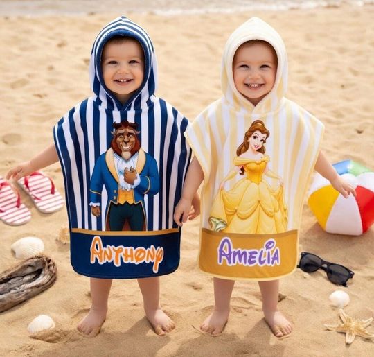 Discover Personalized Beauty Beast Hooded Towel, Custom Disney Preppy Kids Beach Towel, Striped Hooded Towel, Summer Vacation Gift