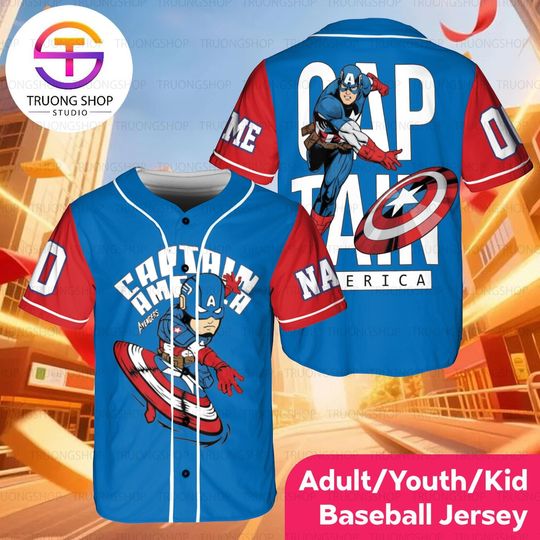 Captain America Baseball Jersey, Avengers Superhero Custom Name & Number Shirt, Adult Youth Kid Blue Red Team Jersey Gift