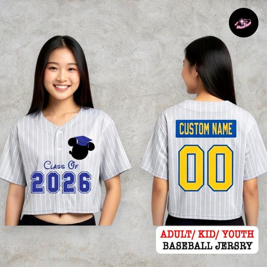 Custom Mickey Graduate Baseball Jersey Crop Top, Personalized Class of 2026 Graduation Shirt