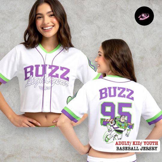 Discover Buzz Lightyear Disney Crop Top Baseball Jersey, Toy Story Space Ranger Shirt, Purple and Green Buzz Baby Tee