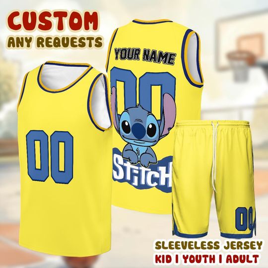 Cute Stitch Custom Jersey, Personalized Disney Basketball Shirt, Bright Yellow Cartoon Sportswear