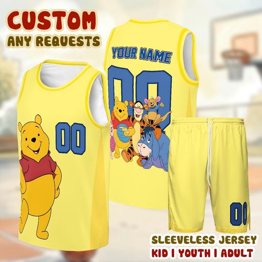 Custom Winnie Bear Tank Top Basketball Jersey, Cute Cartoon Yellow Sports Set