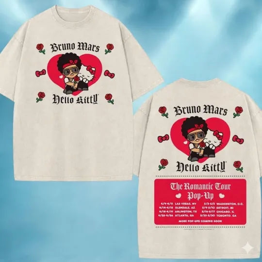 Bruno Mars Hello Kitty  Romantic Tour 2026 Pop Up North America Schedule Tshirt