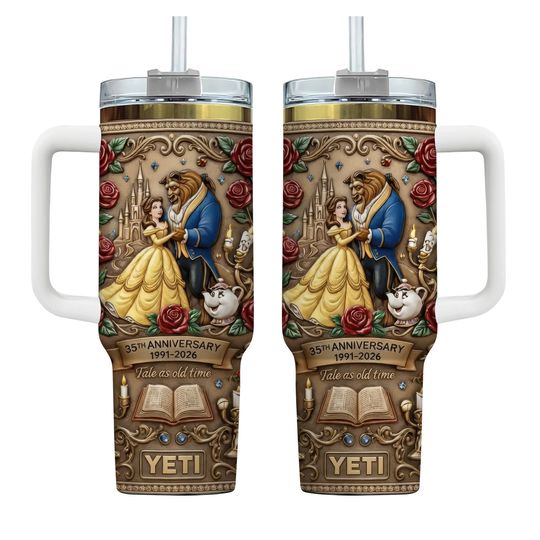 Beauty and the Beast Anniversary Stainless Steel Tumbler with Handle, Fairy Tale Floral, Printed Tumbler
