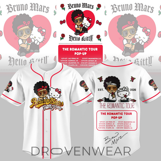 Discover Bruno Mars Hello Kitty Romantic Tour Exclusive Baseball Jersey