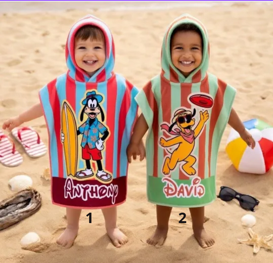 Personalized Goofy Pluto Hooded Towel, Custom Disney Preppy Kids Beach Towel, Striped Hooded Towel, Summer Vacation Gift