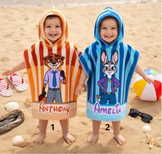 Personalized Nick Wilde Judy Hopps Hooded Towel, Custom Disney Zootopia Preppy Kids Beach Towel, Striped Hooded Towel
